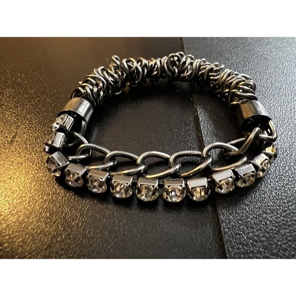 Heavy Silver Metal Rings Chain & Faux Diamond Stretchy Bracelet - Picture 4 of 5